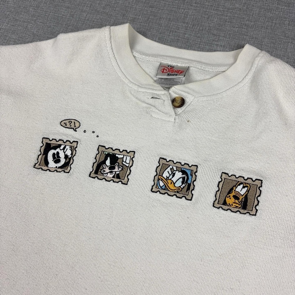 Vintage 90s Disney Store Thermal Shirt L Mickey Goofy Donald Pluto Embroidered
